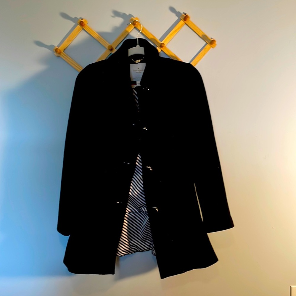 Beautiful Kate Spade black trench coat with striped interior!